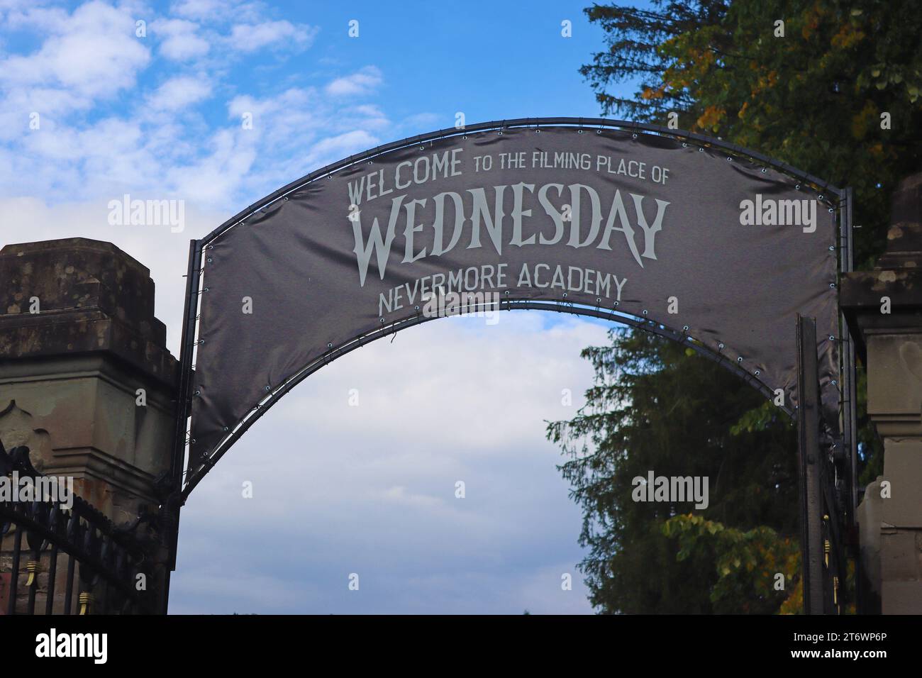 Busteni, Romania - October 13, 2023: Entrance to Cantacuzino Castle. Cantacuzino Castle is the setting for the series 'Wednesday' Nevermore Academy Stock Photo