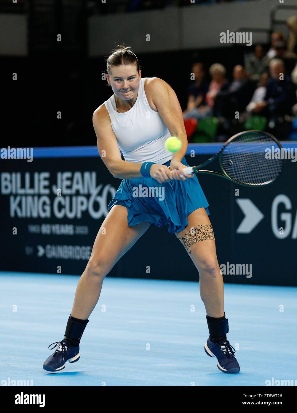 London, UK. 12th November 2023; Copper Box Arena, Stratford, London, England: Billie Jean King Cup Play-Offs, Great Britain versus Sweden, Day 2; Kajsa Rinaldo Persson of Sweden plays a backhand against Katie Boulter of Great Britain Credit: Action Plus Sports Images/Alamy Live News Credit: Action Plus Sports Images/Alamy Live News Stock Photo