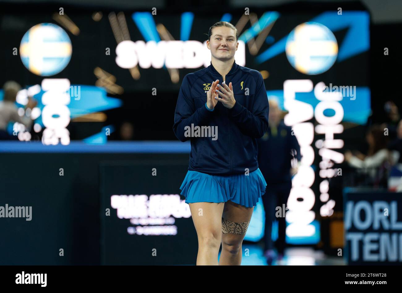 London, UK. 12th November 2023; Copper Box Arena, Stratford, London, England: Billie Jean King Cup Play-Offs, Great Britain versus Sweden, Day 2; Kajsa Rinaldo Persson of Sweden walks into the court before her match Credit: Action Plus Sports Images/Alamy Live News Credit: Action Plus Sports Images/Alamy Live News Stock Photo