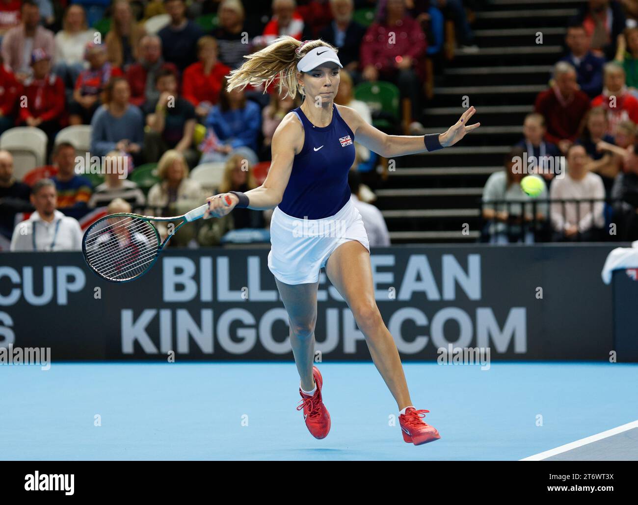 London, UK. 12th November 2023; Copper Box Arena, Stratford, London, England: Billie Jean King Cup Play-Offs, Great Britain versus Sweden, Day 2; Katie Boulter of Great Britain plays a forehand against Kajsa Rinaldo Persson of Sweden Credit: Action Plus Sports Images/Alamy Live News Credit: Action Plus Sports Images/Alamy Live News Stock Photo