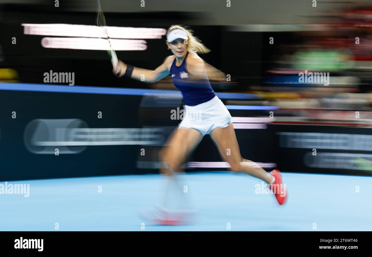 London, UK. 12th November 2023; Copper Box Arena, Stratford, London, England: Billie Jean King Cup Play-Offs, Great Britain versus Sweden, Day 2; Katie Boulter of Great Britain plays a forehand against Kajsa Rinaldo Persson of Sweden- camera slow motion Credit: Action Plus Sports Images/Alamy Live News Credit: Action Plus Sports Images/Alamy Live News Stock Photo