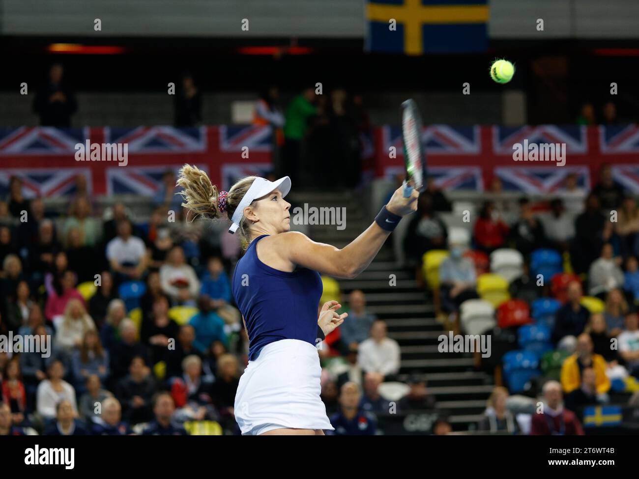 London, UK. 12th November 2023; Copper Box Arena, Stratford, London, England: Billie Jean King Cup Play-Offs, Great Britain versus Sweden, Day 2; Katie Boulter of Great Britain plays a forehand against Kajsa Rinaldo Persson of Sweden Credit: Action Plus Sports Images/Alamy Live News Credit: Action Plus Sports Images/Alamy Live News Stock Photo