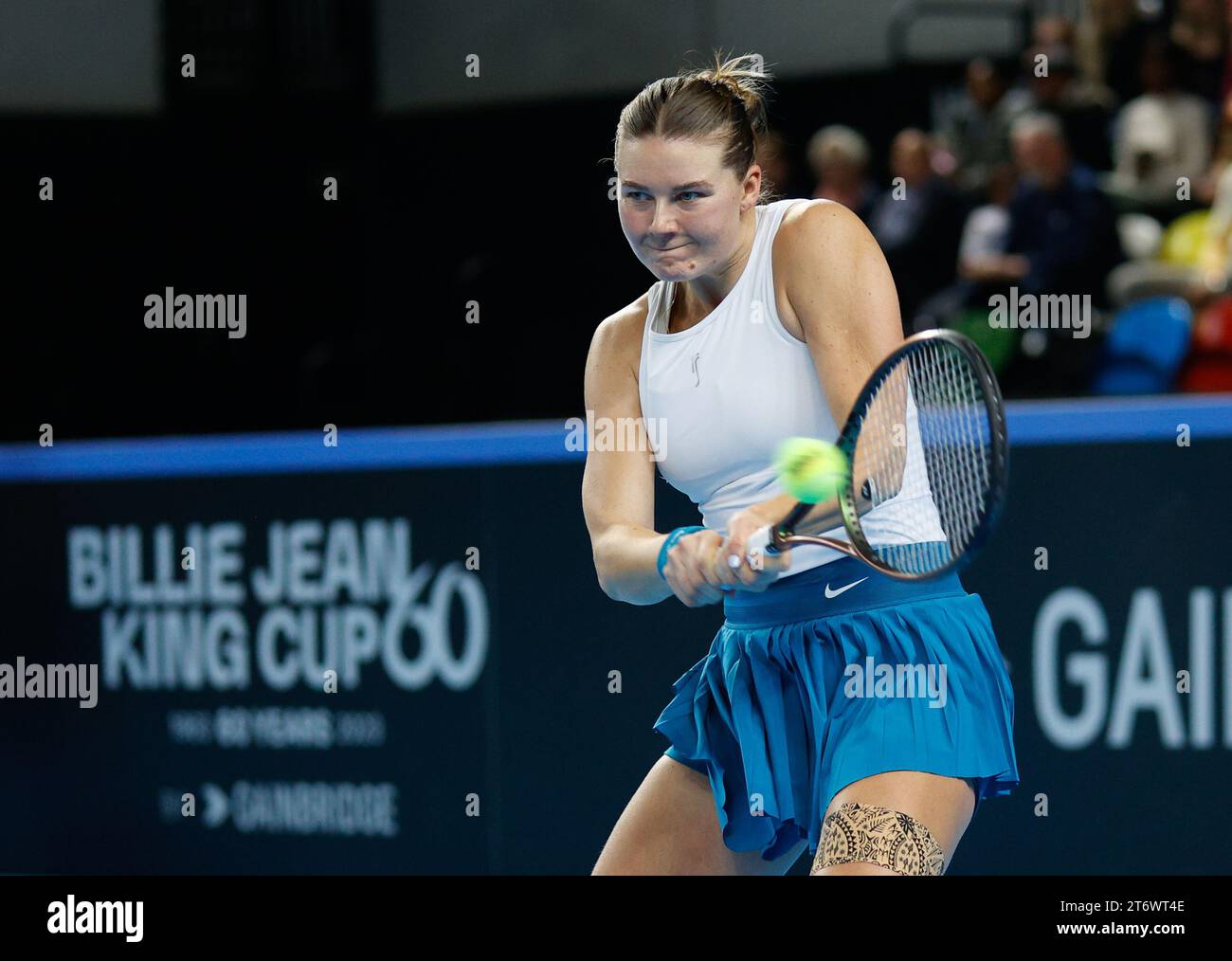 London, UK. 12th November 2023; Copper Box Arena, Stratford, London, England: Billie Jean King Cup Play-Offs, Great Britain versus Sweden, Day 2; Kajsa Rinaldo Persson of Sweden plays a backhand against Katie Boulter of Great Britain Credit: Action Plus Sports Images/Alamy Live News Credit: Action Plus Sports Images/Alamy Live News Stock Photo