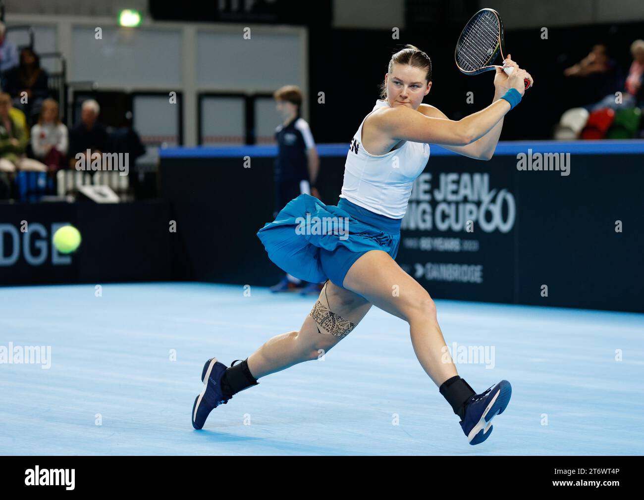 London, UK. 12th November 2023; Copper Box Arena, Stratford, London, England: Billie Jean King Cup Play-Offs, Great Britain versus Sweden, Day 2; Kajsa Rinaldo Persson of Sweden plays a backhand against Katie Boulter of Great Britain Credit: Action Plus Sports Images/Alamy Live News Credit: Action Plus Sports Images/Alamy Live News Stock Photo