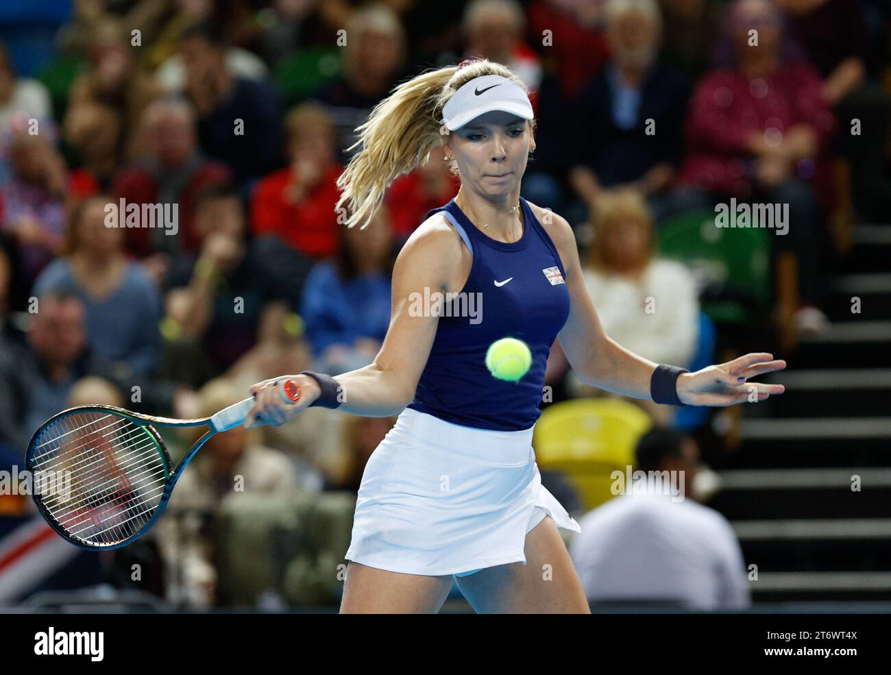 London, UK. 12th November 2023; Copper Box Arena, Stratford, London, England: Billie Jean King Cup Play-Offs, Great Britain versus Sweden, Day 2; Katie Boulter of Great Britain plays a forehand against Kajsa Rinaldo Persson of Sweden Credit: Action Plus Sports Images/Alamy Live News Credit: Action Plus Sports Images/Alamy Live News Stock Photo