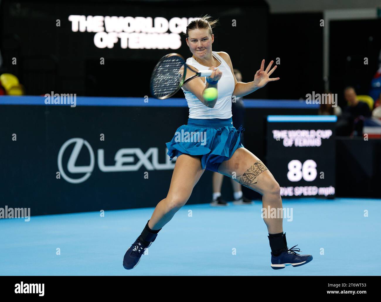London, UK. 12th November 2023; Copper Box Arena, Stratford, London, England: Billie Jean King Cup Play-Offs, Great Britain versus Sweden, Day 2; Kajsa Rinaldo Persson of Sweden plays a forehand against Katie Boulter of Great Britain Credit: Action Plus Sports Images/Alamy Live News Credit: Action Plus Sports Images/Alamy Live News Stock Photo