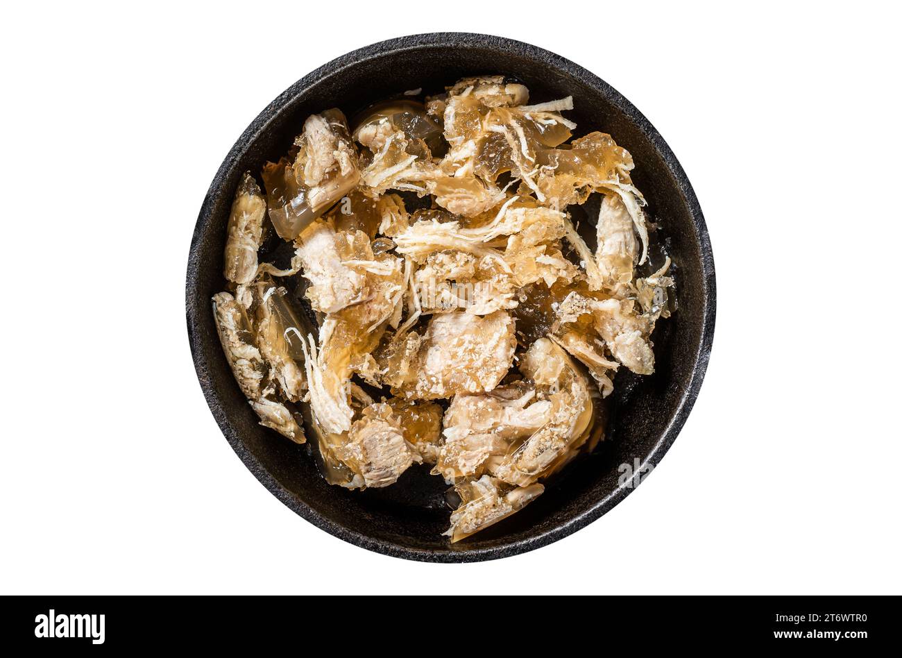 Cold Aspic meat jelly in skillet with mustard. Isolated, white