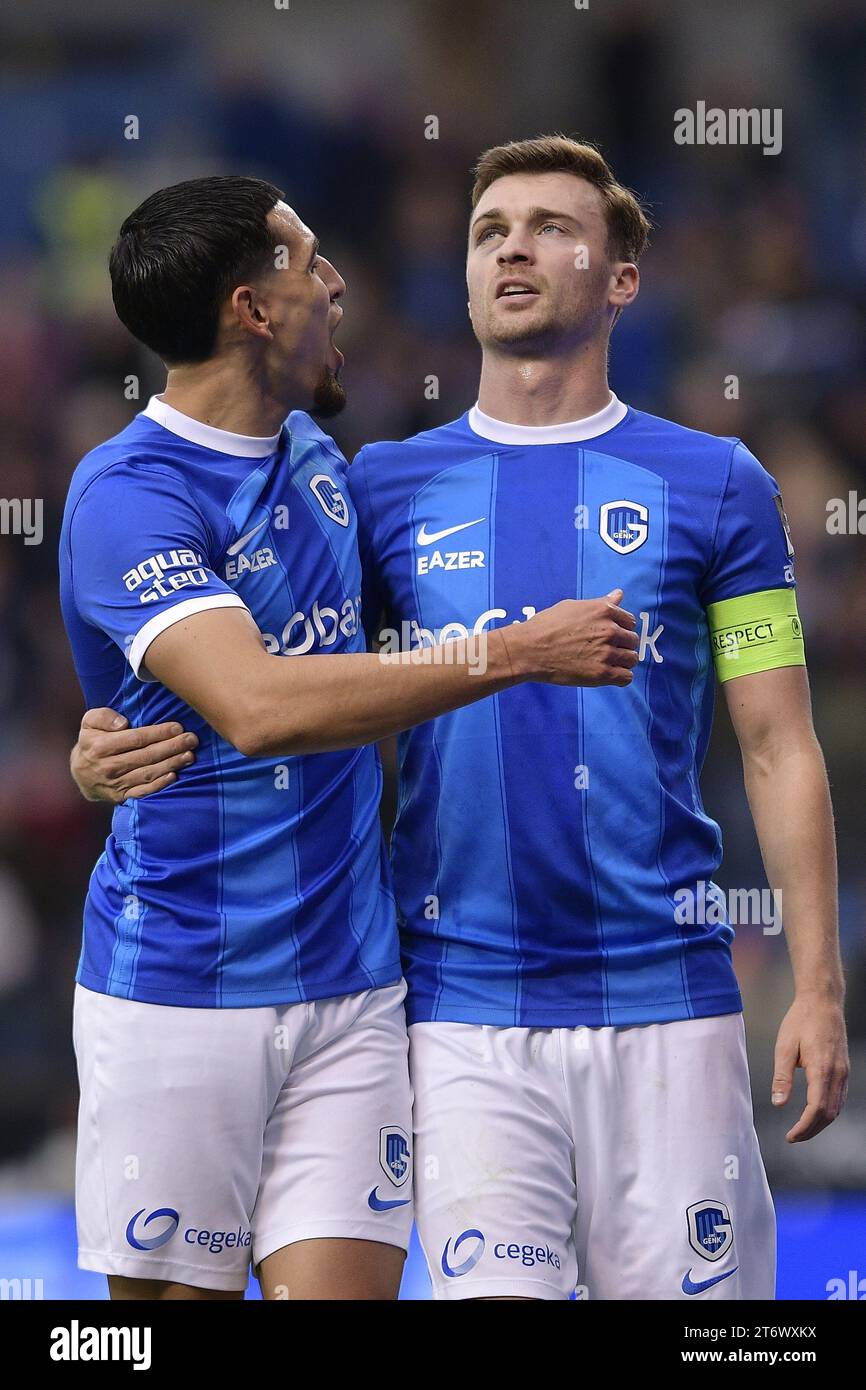 Genk's Daniel Munoz Mejia and Genk's Bryan Heynen celebrate after scoring during a soccer match