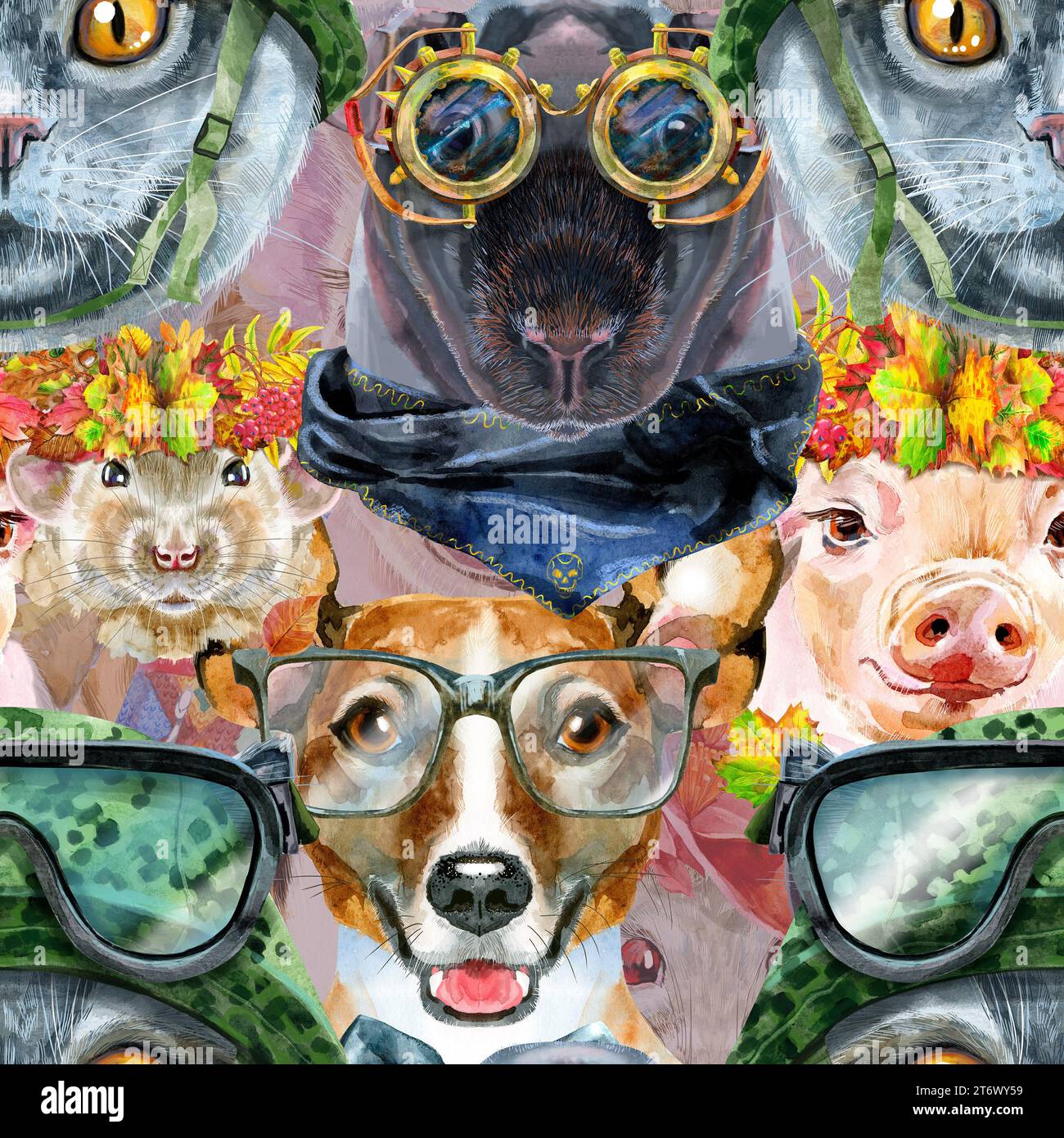 Seamless pets pattern. Hand painted watercolor drawing, isolate clip ...