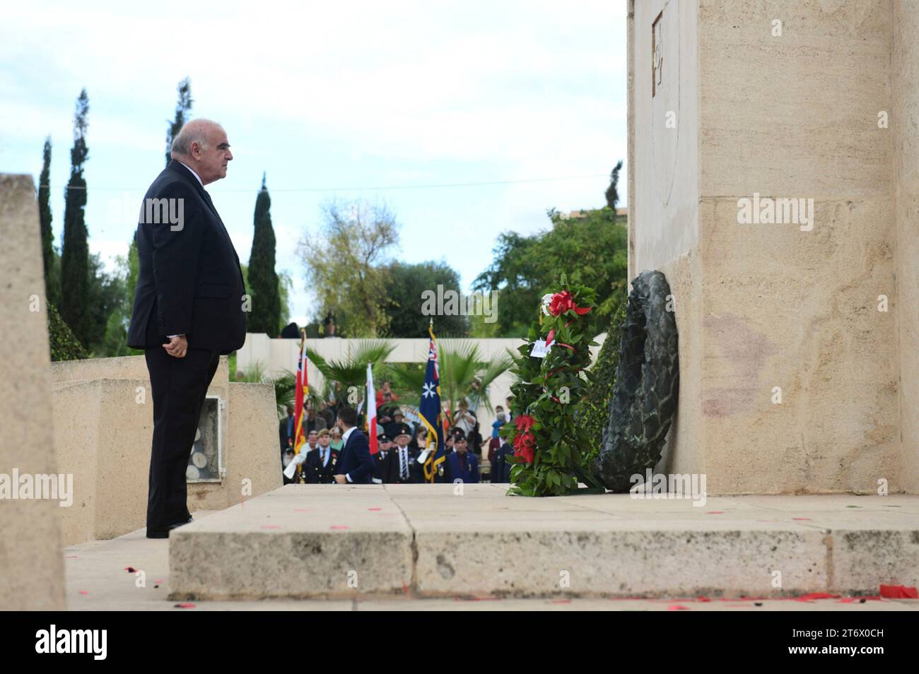 Floriana, Malta. 12th Nov, 2023. Maltese President George Vella lays a wreath at the War Memorial during the Remembrance Day ceremony in Floriana, Malta, on Nov. 12, 2023. Malta marked the Remembrance Day to salute the war dead on Sunday. Credit: Jonathan Borg/Xinhua/Alamy Live News Stock Photo