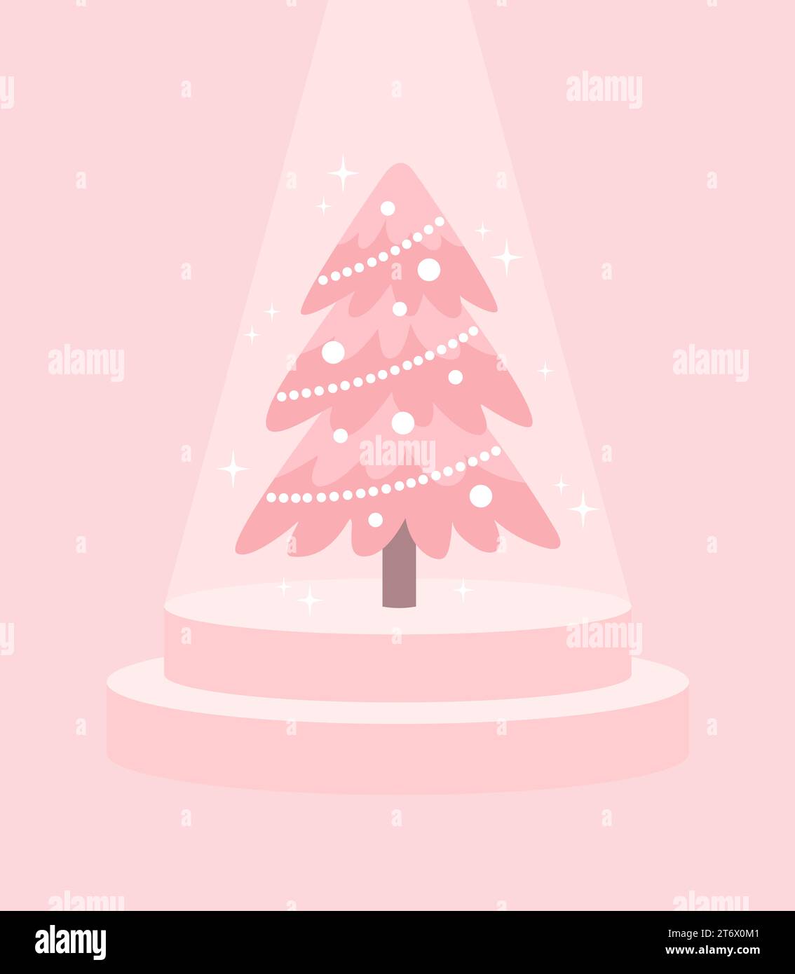 Pink Christmas tree with garland and decorations on a pedestal under a spotlight on a pink