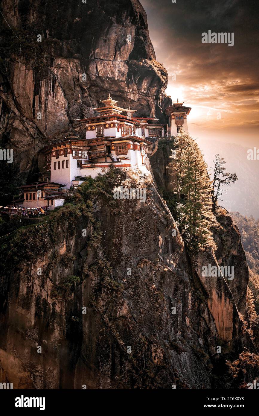 Taktsang Palphug Monastery or the Tigers Nest near Paro Bhutan was originally constructued in 1692. Stock Photo