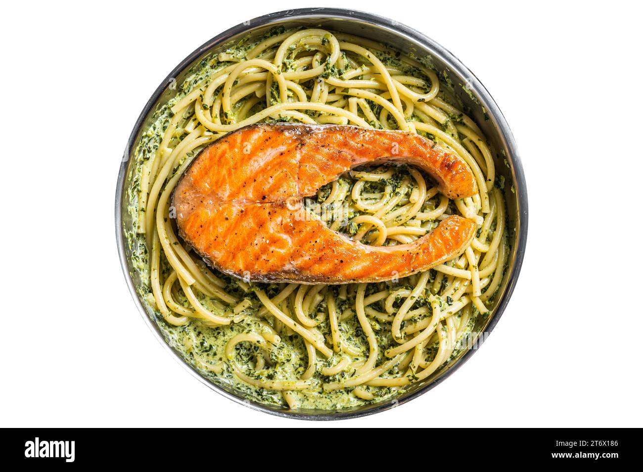 Florentine pasta with creamy spinach sauce and grilled salmon steak