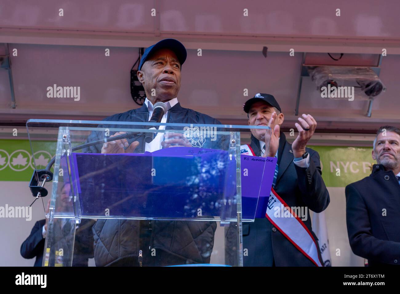 NEW YORK, NEW YORK - NOVEMBER 11: New York Mayor Eric Adams speaks in the annual Veterans Day Parade on November 11, 2023 in New York City. Adams recently had his phone and iPad seized by the FBI as they investigate campaign funding in his administration. Hundreds of people lined 5th Avenue to watch the biggest Veterans Day parade in the United States. This years event included veterans, active soldiers, police officers, firefighters and dozens of school groups participating in the parade which honors the men and women who have served and sacrificed for the country. Stock Photo