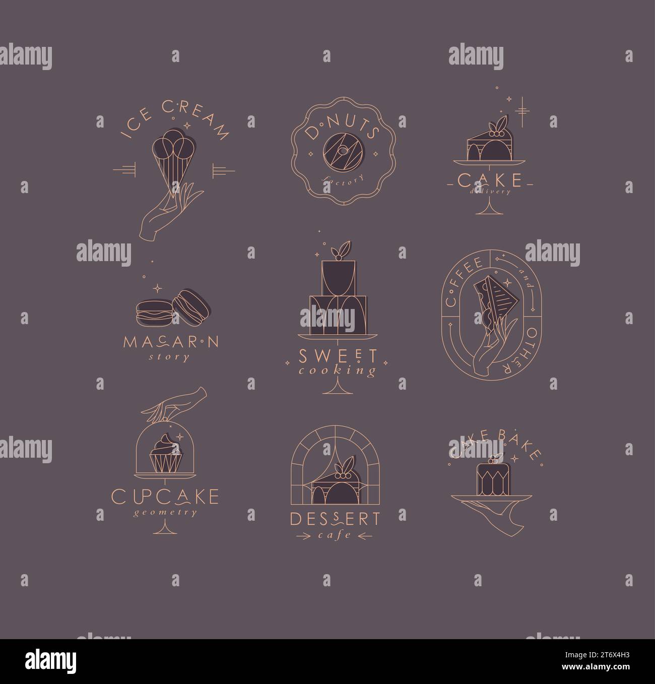 Bakery dessert labels with lettering in art deco style drawing with ...