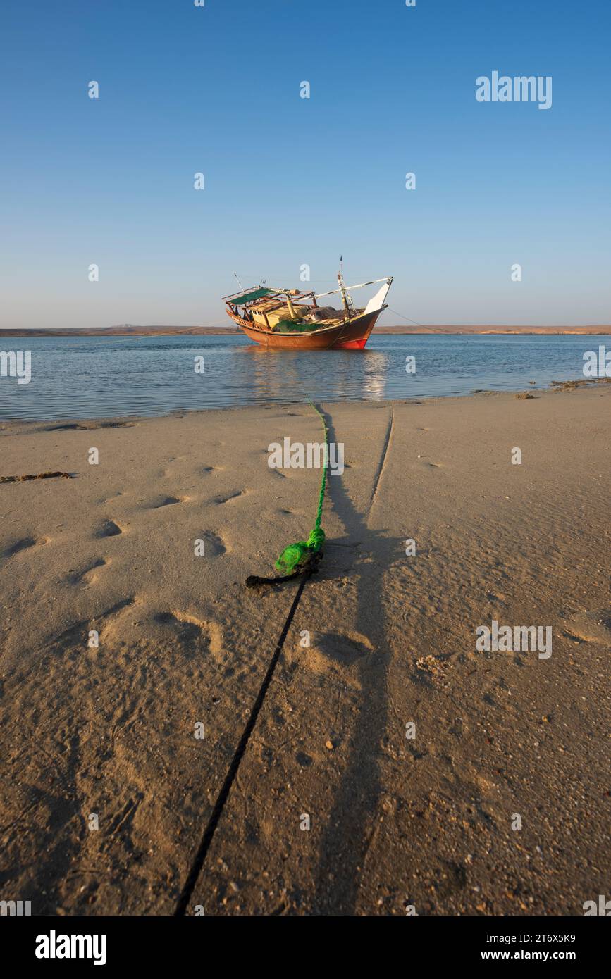 Traditional Arabic Dhow boat at low tide, Ras Al Hadd, Sultanate of