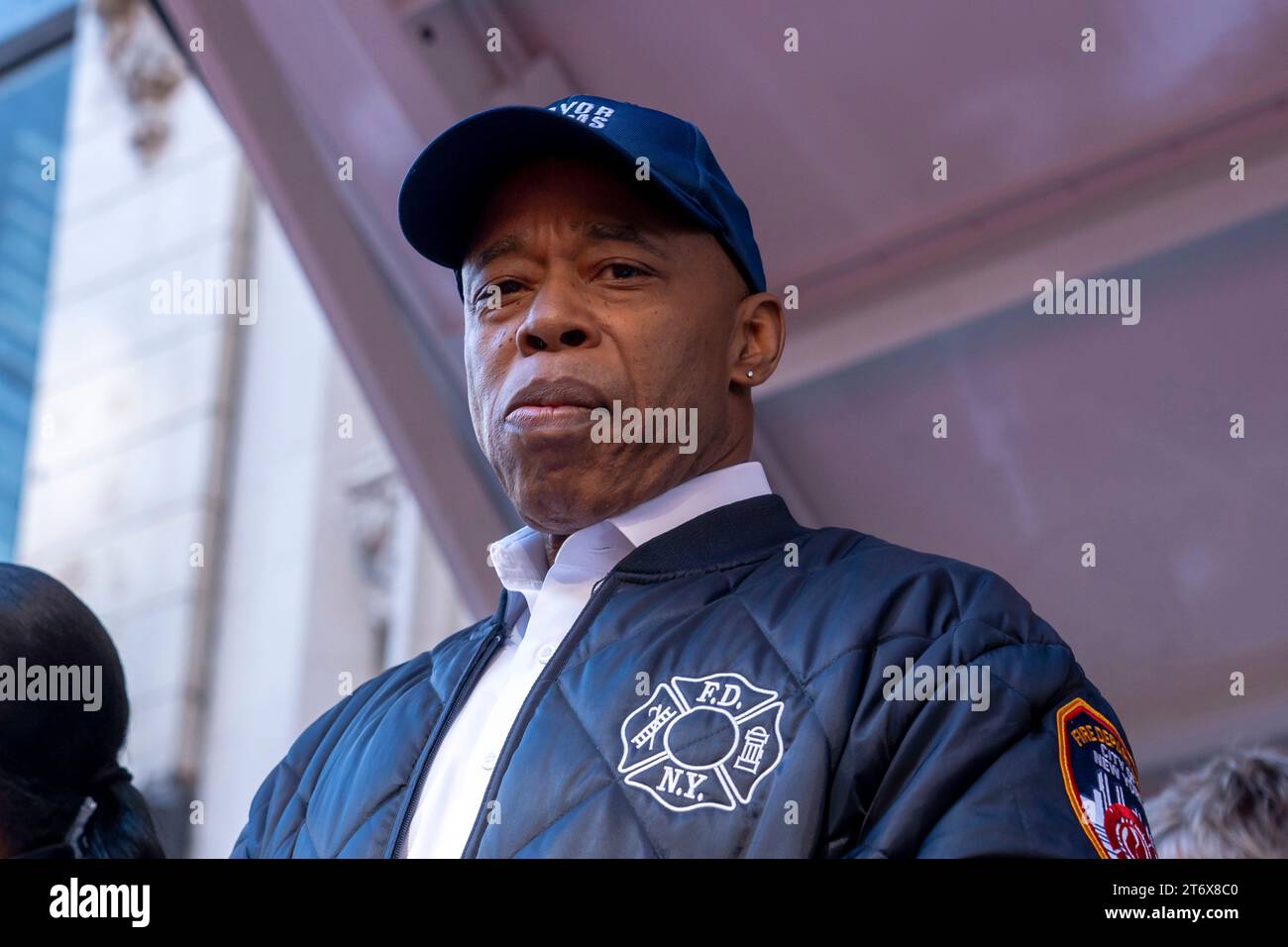 NEW YORK, NEW YORK - NOVEMBER 11: New York Mayor Eric Adams attends the annual Veterans Day Parade on November 11, 2023 in New York City. Adams recently had his phone and iPad seized by the FBI as they investigate campaign funding in his administration. Hundreds of people lined 5th Avenue to watch the biggest Veterans Day parade in the United States. This years event included veterans, active soldiers, police officers, firefighters and dozens of school groups participating in the parade which honors the men and women who have served and sacrificed for the country. (Photo by Ron Adar / SOPA Ima Stock Photo