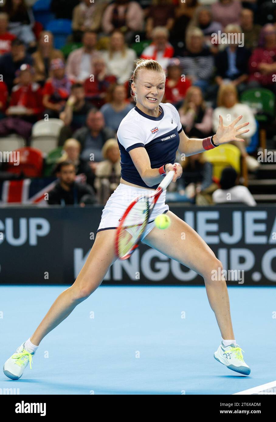 London, UK. 12th November 2023; Copper Box Arena, Stratford, London, England: Billie Jean King Cup Play-Offs, Great Britain versus Sweden, Day 2; Harriet Dart of Great Britain plays a forehand against Caijsa Wilda Hennemann of Sweden Credit: Action Plus Sports Images/Alamy Live News Stock Photo