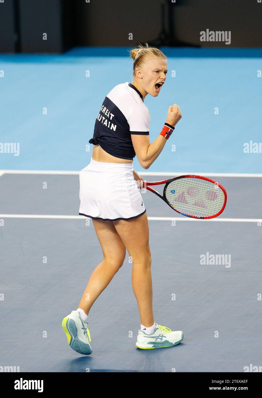 London, UK. 12th November 2023; Copper Box Arena, Stratford, London, England: Billie Jean King Cup Play-Offs, Great Britain versus Sweden, Day 2; Harriet Dart of Great Britain Shows emotion during the match against Caijsa Wilda Hennemann of Sweden Credit: Action Plus Sports Images/Alamy Live News Stock Photo