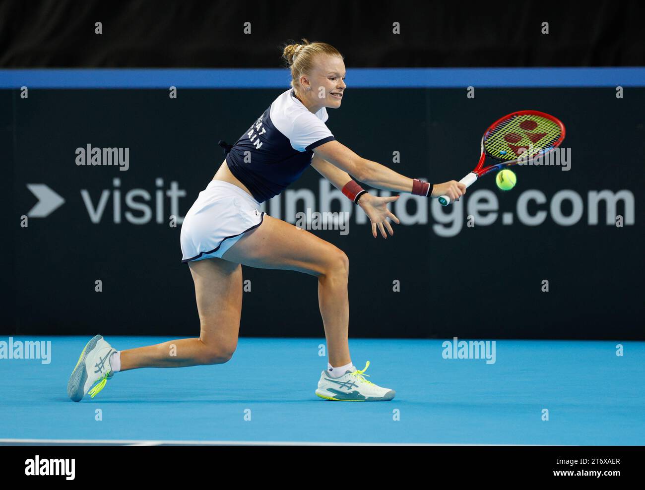 London, UK. 12th November 2023; Copper Box Arena, Stratford, London, England: Billie Jean King Cup Play-Offs, Great Britain versus Sweden, Day 2; Harriet Dart of Great Britain plays a backhand against Caijsa Wilda Hennemann of Sweden Credit: Action Plus Sports Images/Alamy Live News Stock Photo