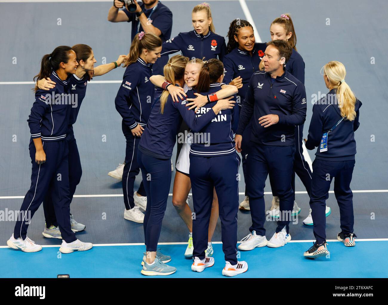 London, UK. 12th November 2023; Copper Box Arena, Stratford, London, England: Billie Jean King Cup Play-Offs, Great Britain versus Sweden, Day 2; Harriet Dart of Great Britain celebrates her victory after defeating  Caijsa Wilda Hennemann of Sweden Credit: Action Plus Sports Images/Alamy Live News Stock Photo