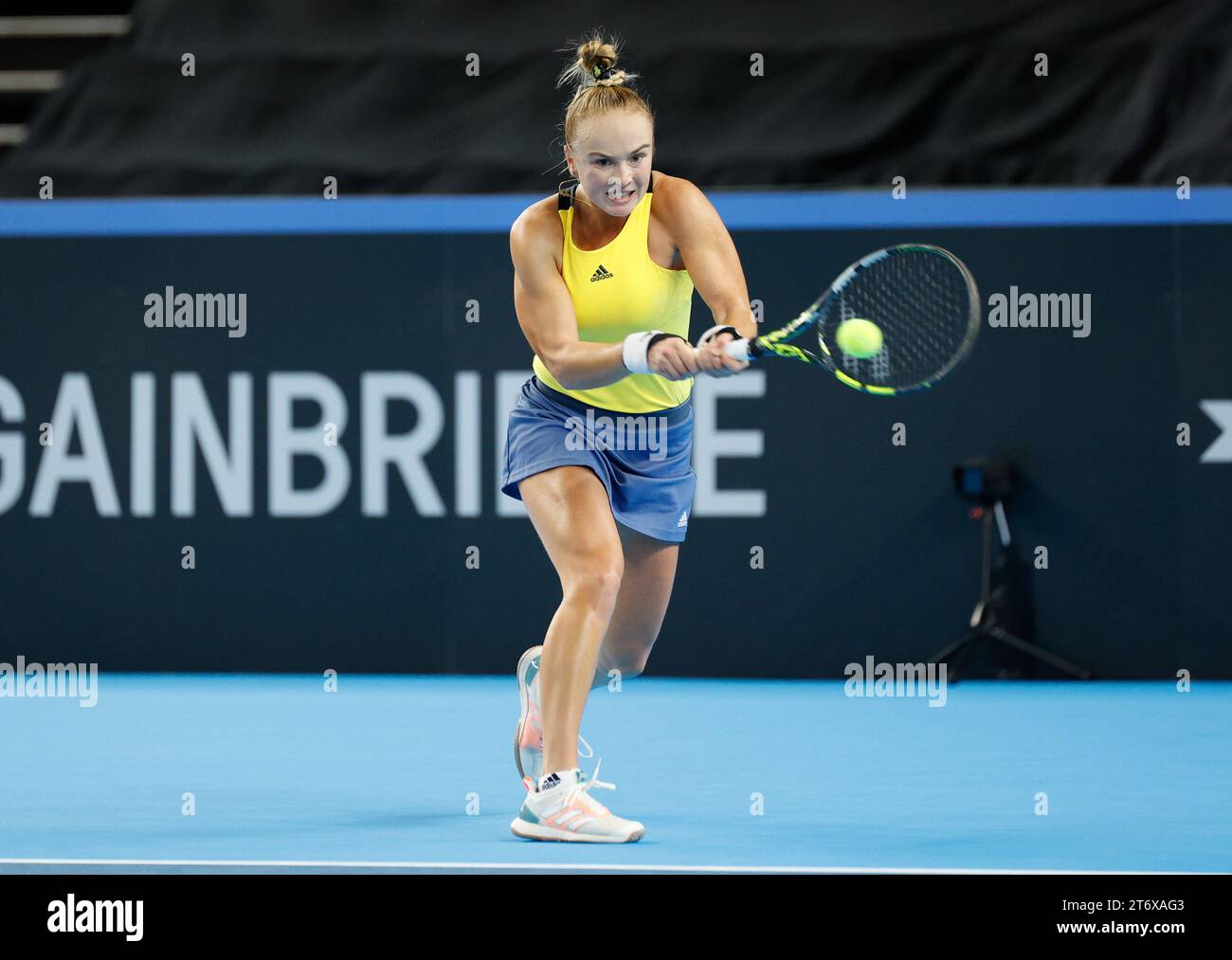 London, UK. 12th November 2023; Copper Box Arena, Stratford, London, England: Billie Jean King Cup Play-Offs, Great Britain versus Sweden, Day 2; Caijsa Wilda Hennemann of Sweden plays a backhand against Harriet Dart of Great Britain Credit: Action Plus Sports Images/Alamy Live News Stock Photo