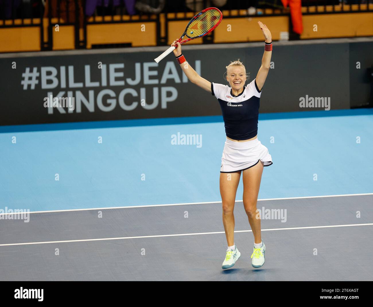 London, UK. 12th November 2023; Copper Box Arena, Stratford, London, England: Billie Jean King Cup Play-Offs, Great Britain versus Sweden, Day 2; Harriet Dart of Great Britain celebrates her victory after defeating  Caijsa Wilda Hennemann of Sweden Credit: Action Plus Sports Images/Alamy Live News Stock Photo