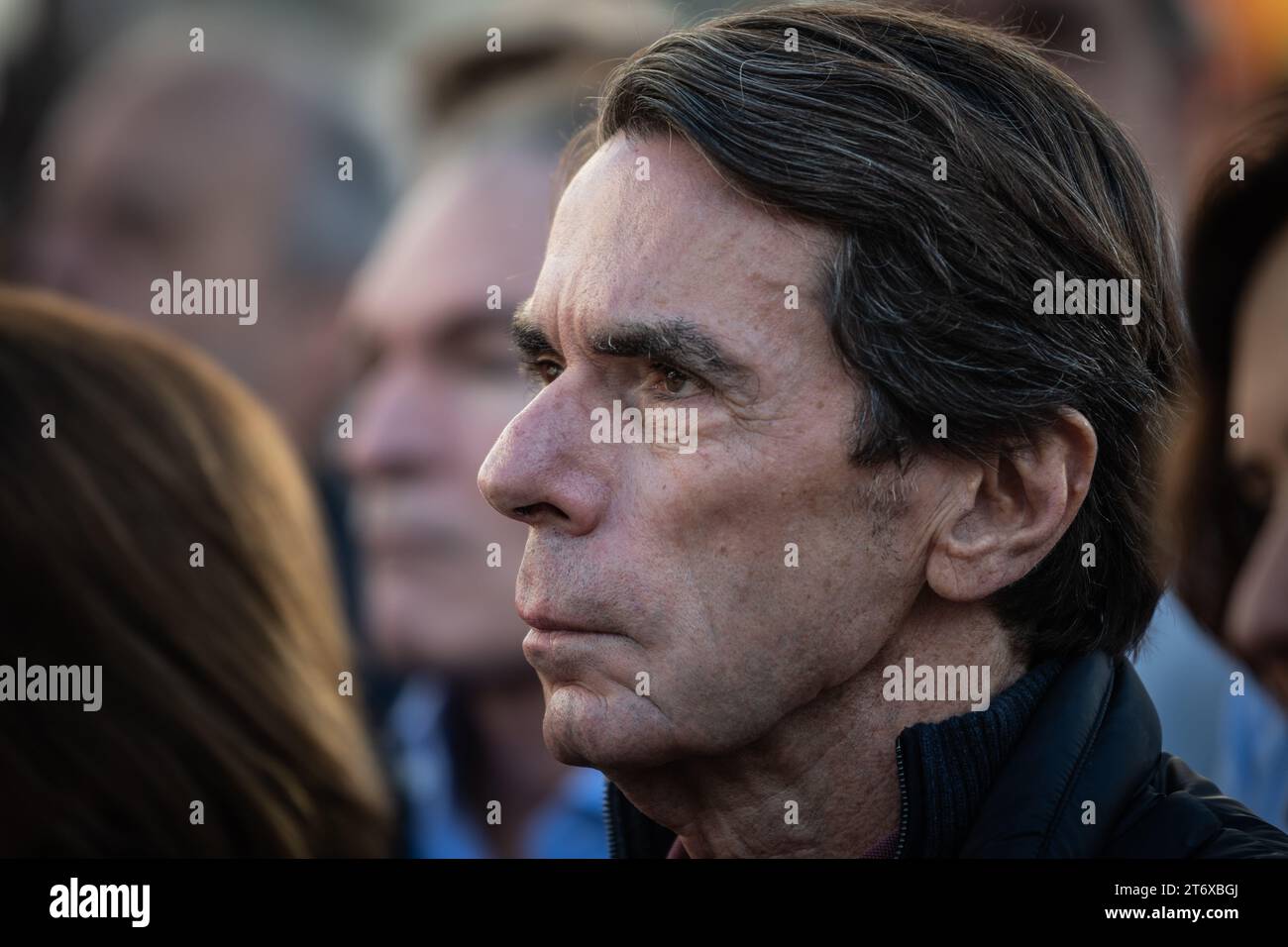 Madrid, Spain. 12th Nov, 2023. Jose Maria Aznar, former President of Spain is seen during a protest called by People's Party (PP) against the amnesty deal for Catalan separatists. Dozens of thousands of people have gathered in Puerta del Sol to protest against the government of Pedro Sanchez of the socialist party PSOE and the approval of an amnesty for Catalan separatist leaders which is included in the agreement that guarantees the investiture of the socialist candidate. Credit: Marcos del Mazo/Alamy Live News Stock Photo
