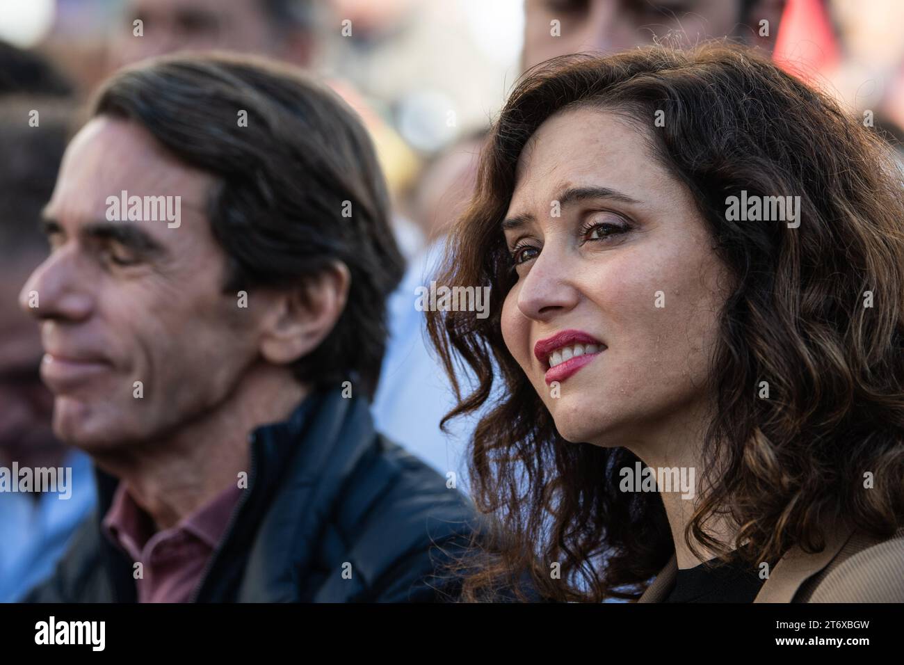 Madrid, Spain. 12th Nov, 2023. Isabel Diaz Ayuso, Madrid regional president, and Jose Maria Aznar are seen during a protest called by People's Party (PP) against the amnesty deal for Catalan separatists. Dozens of thousands of people have gathered in Puerta del Sol to protest against the government of Pedro Sanchez of the socialist party PSOE and the approval of an amnesty for Catalan separatist leaders which is included in the agreement that guarantees the investiture of the socialist candidate. Credit: Marcos del Mazo/Alamy Live News Stock Photo