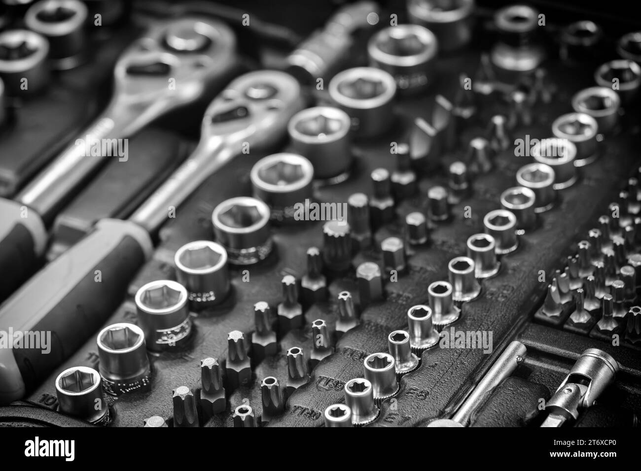 mechanics tool kit in black box, closeup of mechanics tool kit Stock