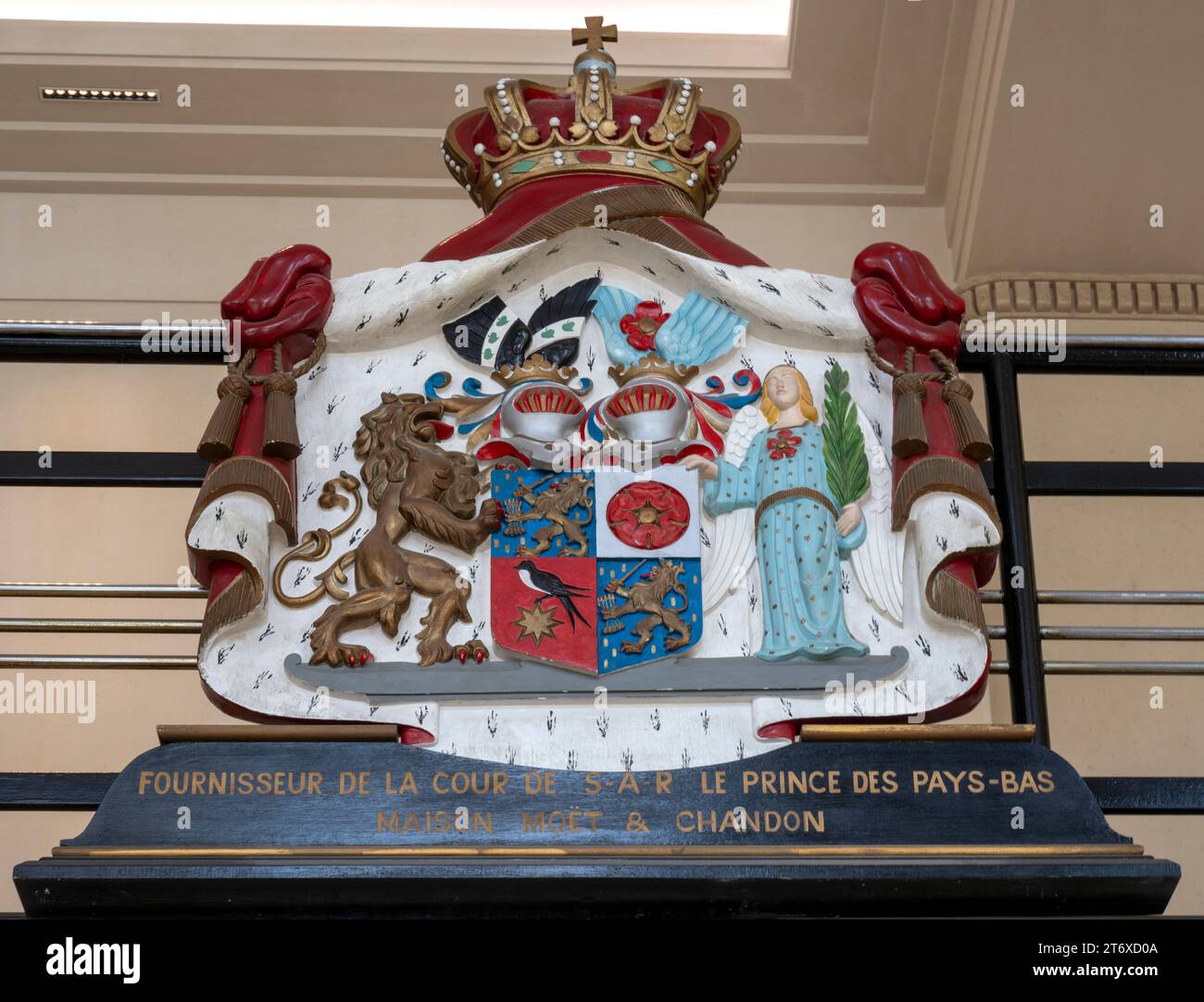 Coat of Arms on display in the reception area at the headquarters of Moet & Chandon, Avenue de Champagne, Epernay, France. Stock Photo