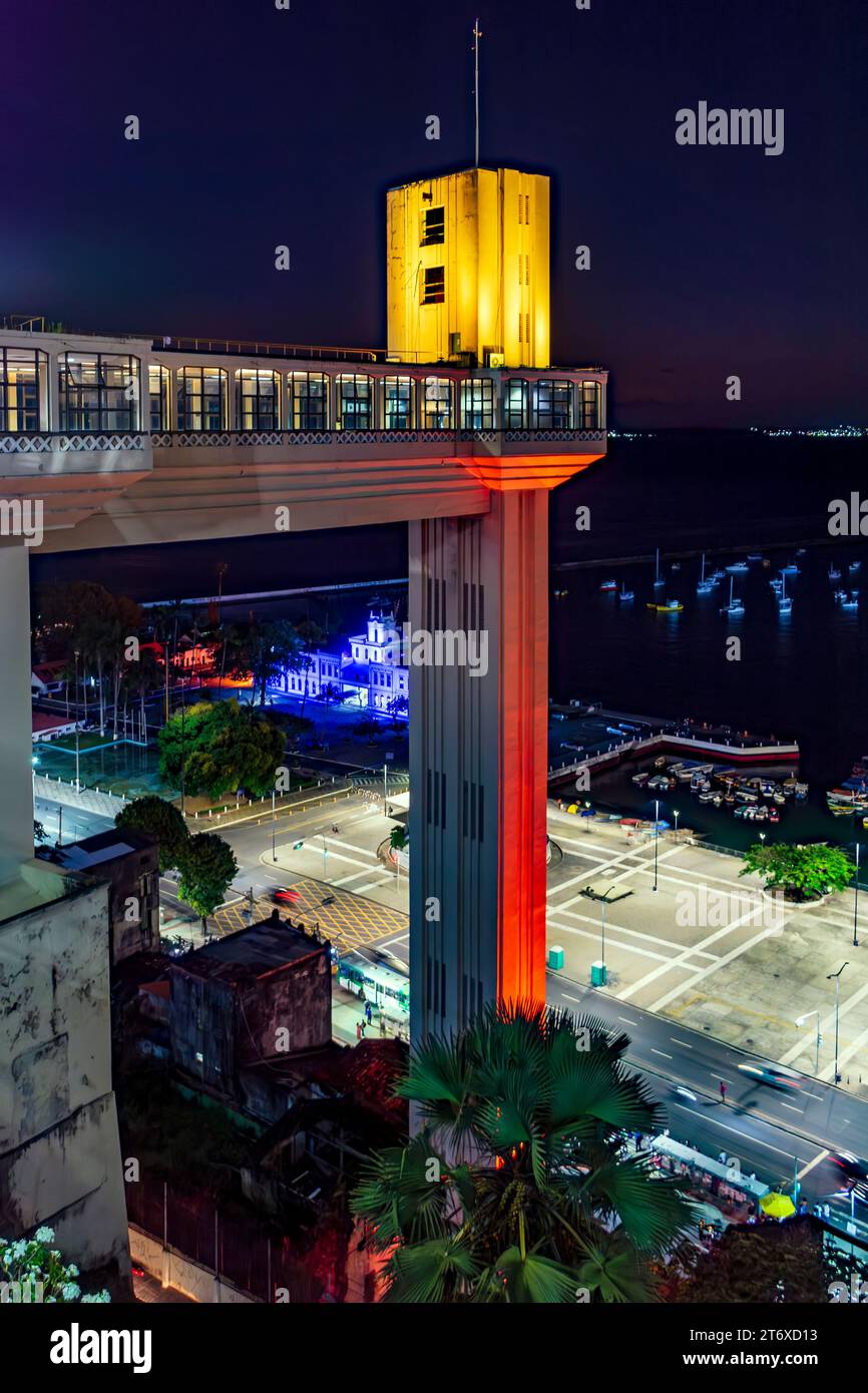 Night view from Pelourinho to Baia de Todos os Santos and the Unlimited Lacerda Elevator in Salvador, Bahia Stock Photo