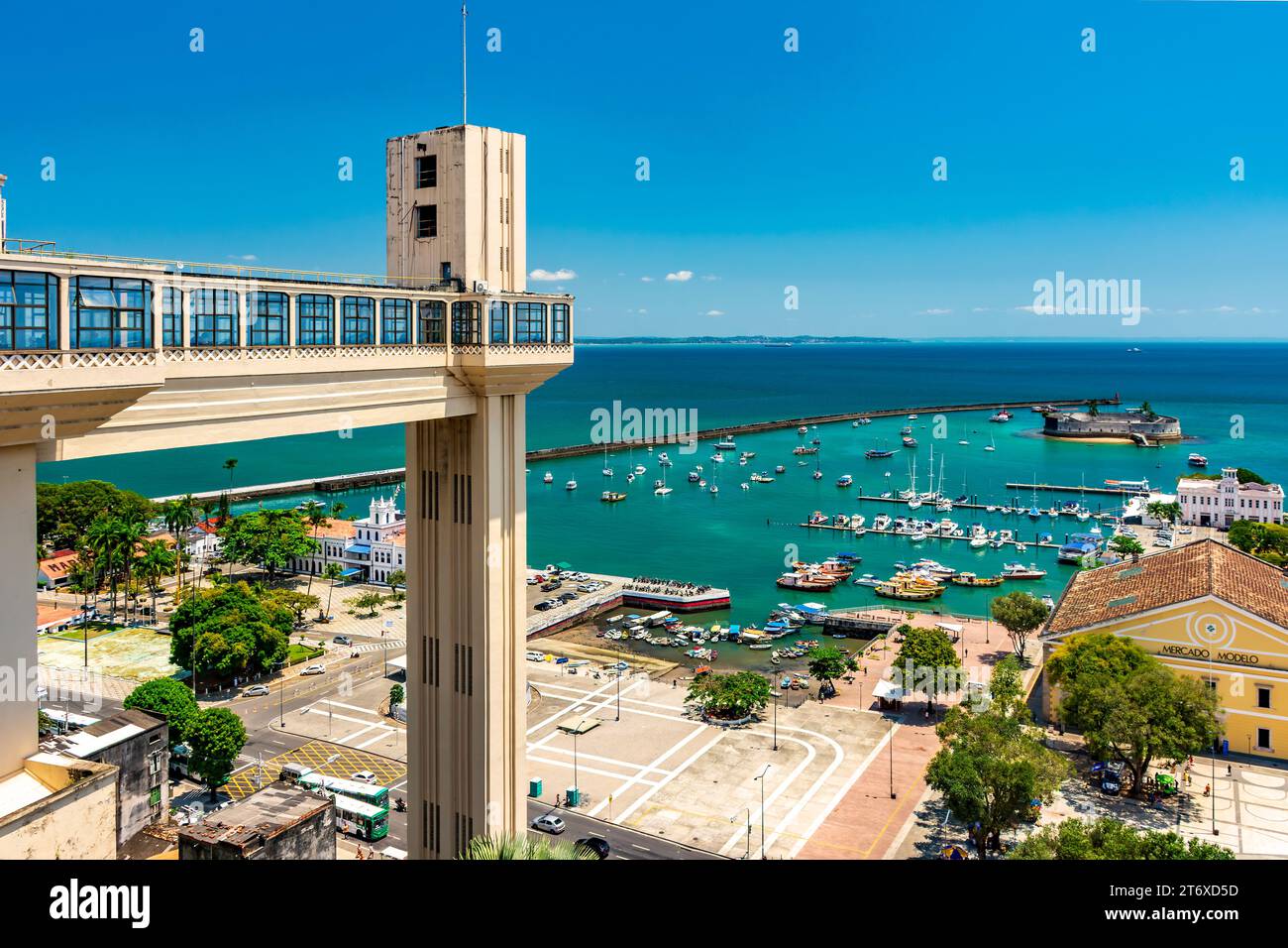 View of Baia de Todos os Santos and Elevador Lacerda on a sunny summer day in the city of Salvador in Bahia Stock Photo