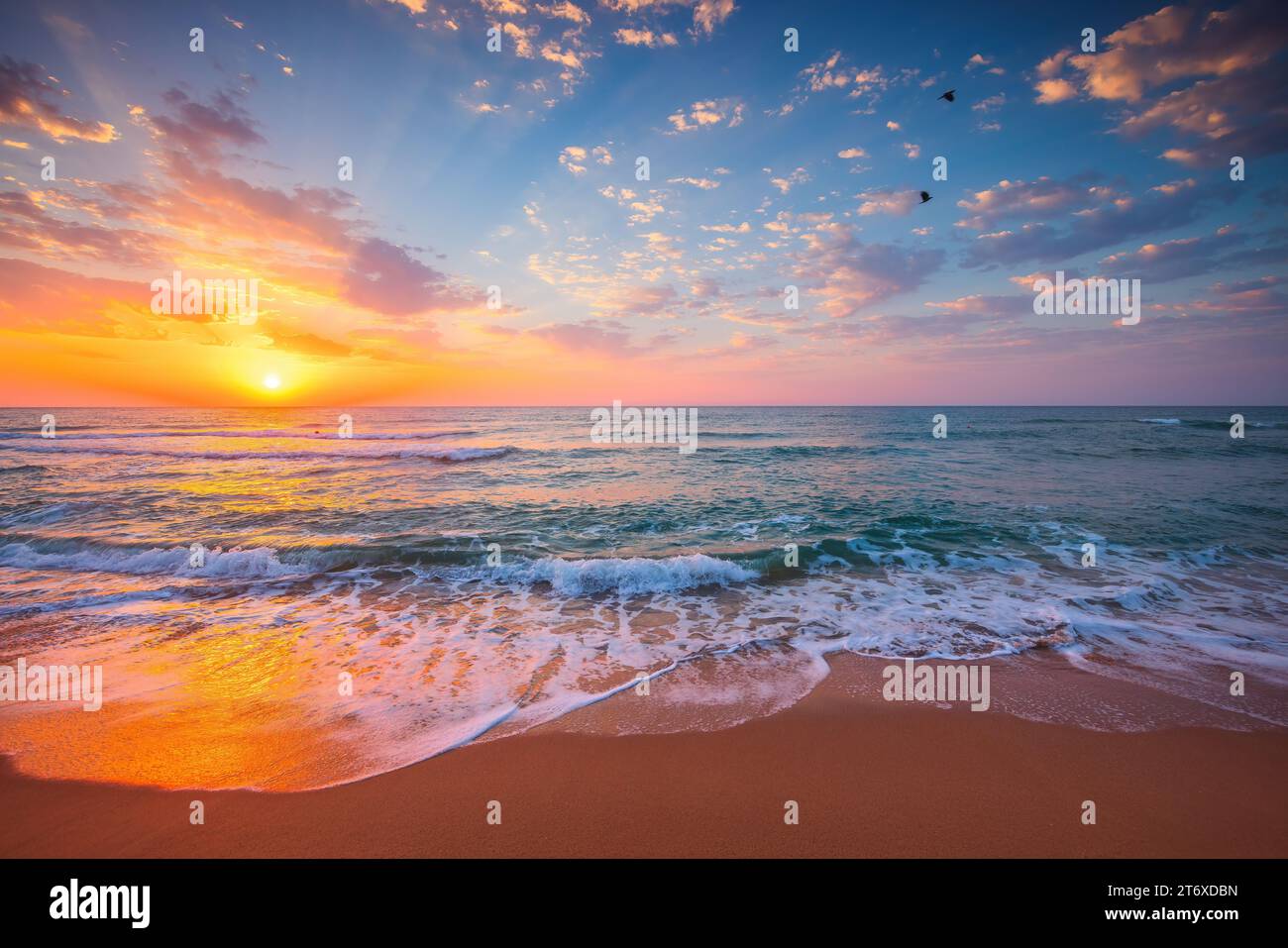 Tropical color island beach sunrise with splashing waves on the sea sand Stock Photo