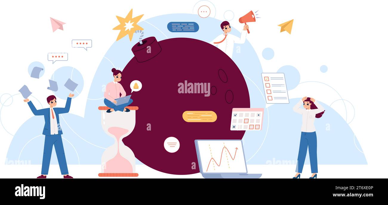 Deadline concept. Time management and office characters. Stressful managers, pressure and timer. Overtime working, workplace snugly vector scene Stock Vector