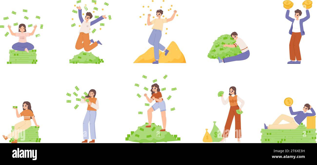 People with money. Teenagers and young adults successful business characters. Male female sitting, hugging coins and banknotes, snugly banking vector Stock Vector