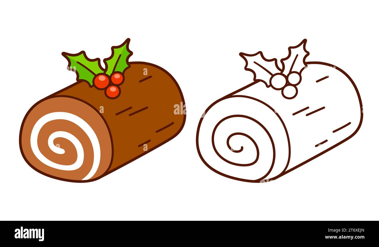 Yule log, traditional Christmas cake. Cartoon drawing, vector clip art illustration. Black and white outline for coloring. Stock Vector