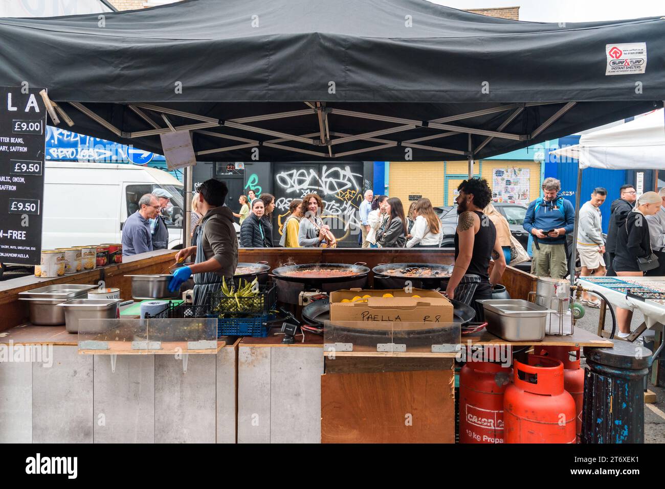 London, UK - August 26, 2023: Spanish Paella Food stall in Portobello Road Market in Notting Hill. Stock Photo