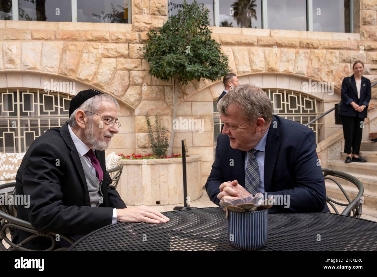 The Danish Foreign Minister Lars Loekke Rasmussen meets the Danish-Israeli rabbi and activist Michael Melchior at the Hotel King David in Jerusalem, Israel, on Sunday 12 November 2023. (Photo: Bo Amstrup/Scanpix 2023) Stock Photo