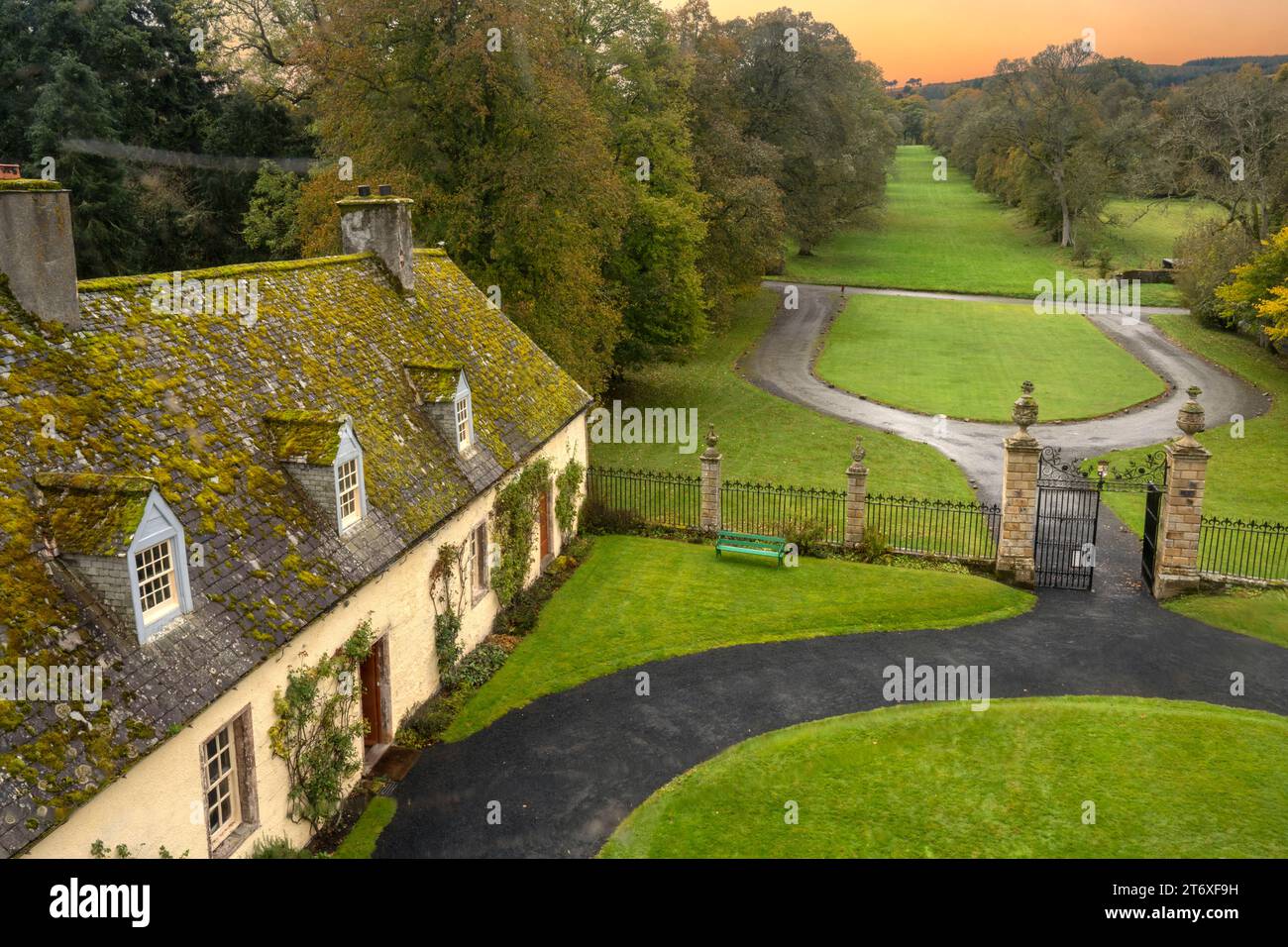 Traquair House, Traquair, Innerleithen, Peeblesshire, Scotland, UK - view of the driveway to the house Stock Photo