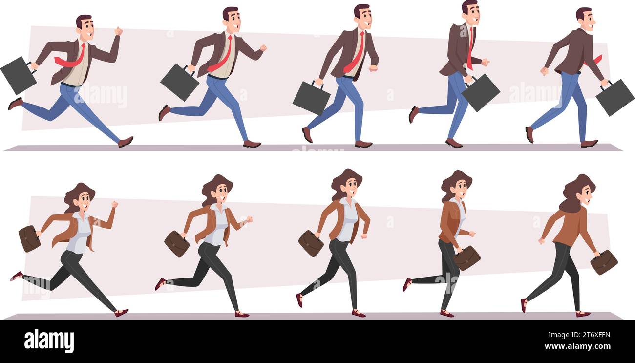 Businessman in action. Active hurry people running with suitcases exact vector male and female characters Stock Vector