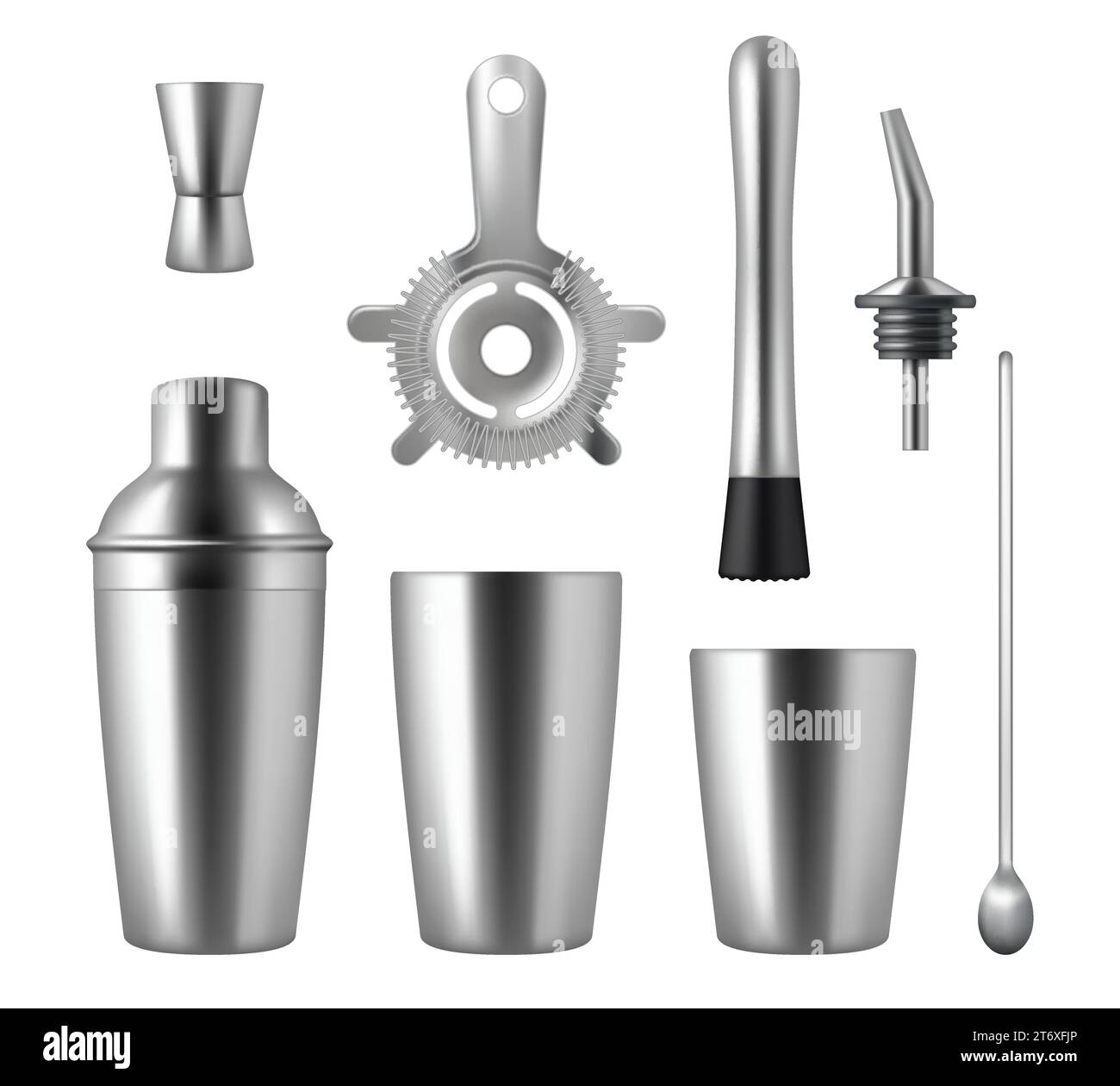Bartender tools. Kitchenware equipment for bars and restaurants metal shaker for alcohol cocktails decent vector bartender cups Stock Vector
