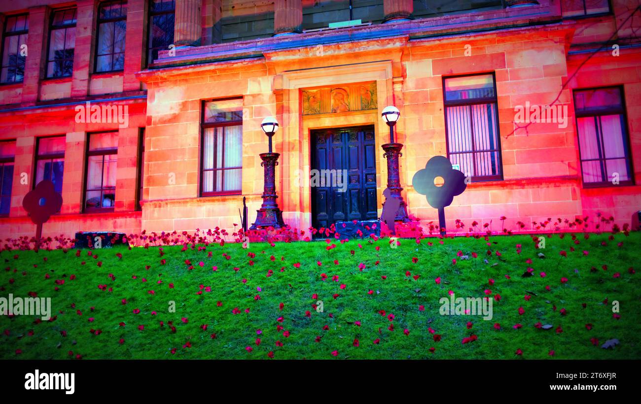 Glasgow, Scotland, UK. 12th November, 2023. Kelvinside Academy school lit red for remembrance Sunday. Credit Gerard Ferry/Alamy Live News Stock Photo