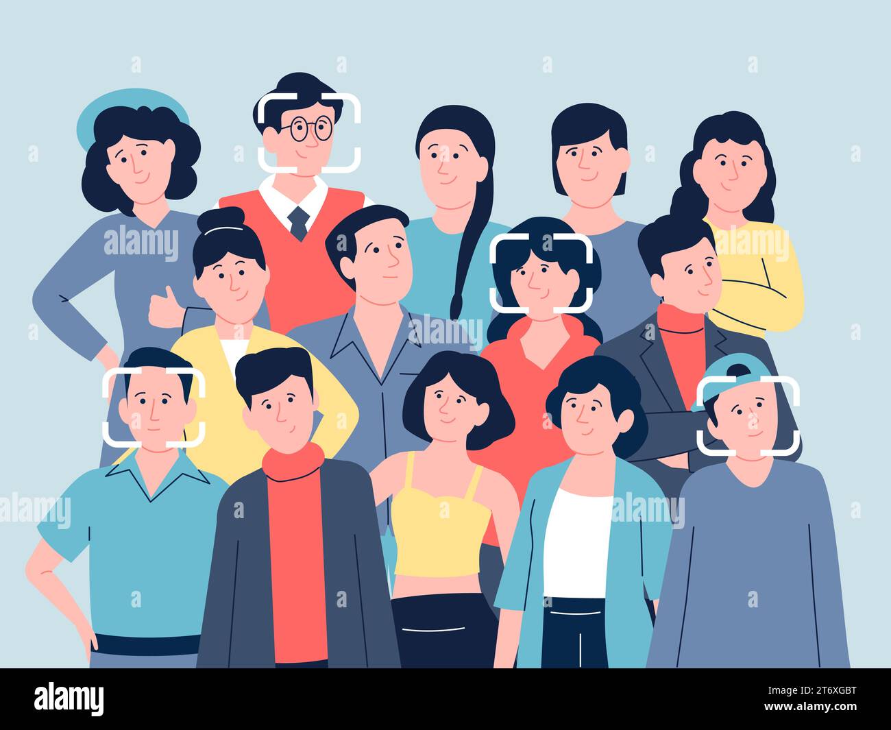 Face identification in crowd. Security technologies, biometric authentication person in public spaces. Id recognition recent vector concept Stock Vector