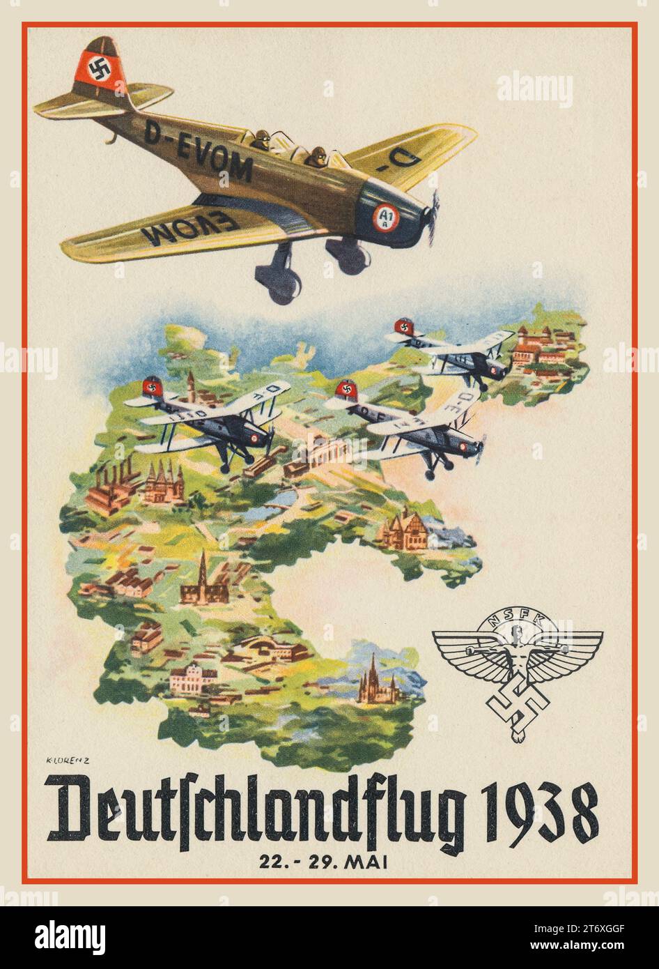 Vintage Nazi Propaganda Card Poster for 'Deutschlandflug 1938.  Germany Propaganda Card Poster for NSFK 'Deutschlandflug 1938. with German aircraft displaying swastika tail fins flying over Germany. The National Socialist Flyers Corps (German: Nationalsozialistisches Fliegerkorps; NSFK) was a paramilitary organization of the Nazi Party. Stock Photo