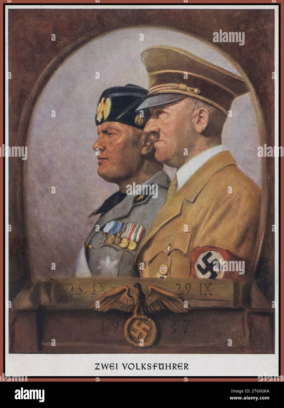 TWO LEADERS Benito Mussolini (Facist leader of Italy) and Adolf Hitler (Leader and Fuhrer of Nazi Germany) 1937 Propaganda card poster illustration Nazi Germany. ' ZWEI VOLKSFUHRER' Stock Photo