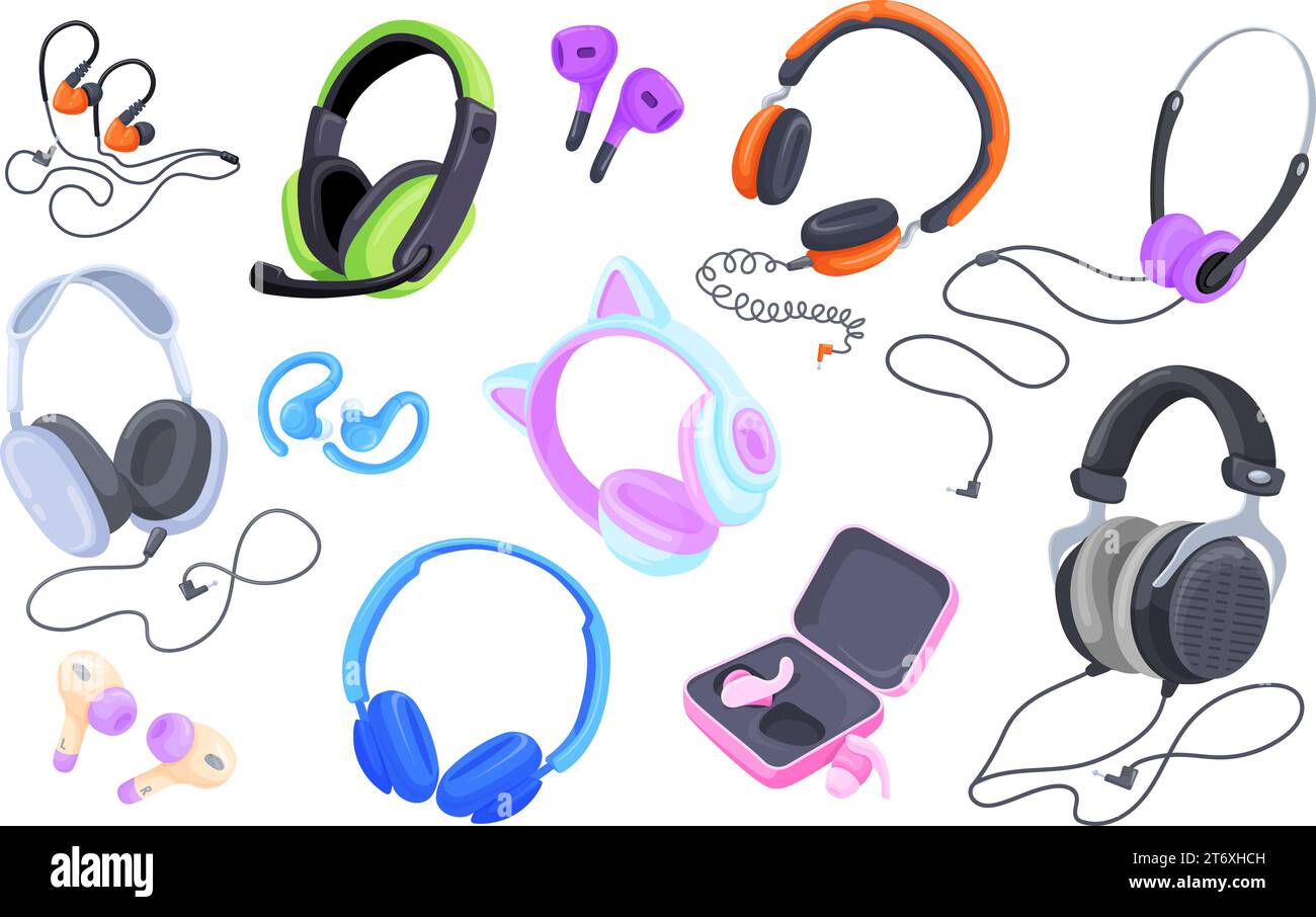 Wired wireless earphones. Cartoon headphone and earbuds for listening