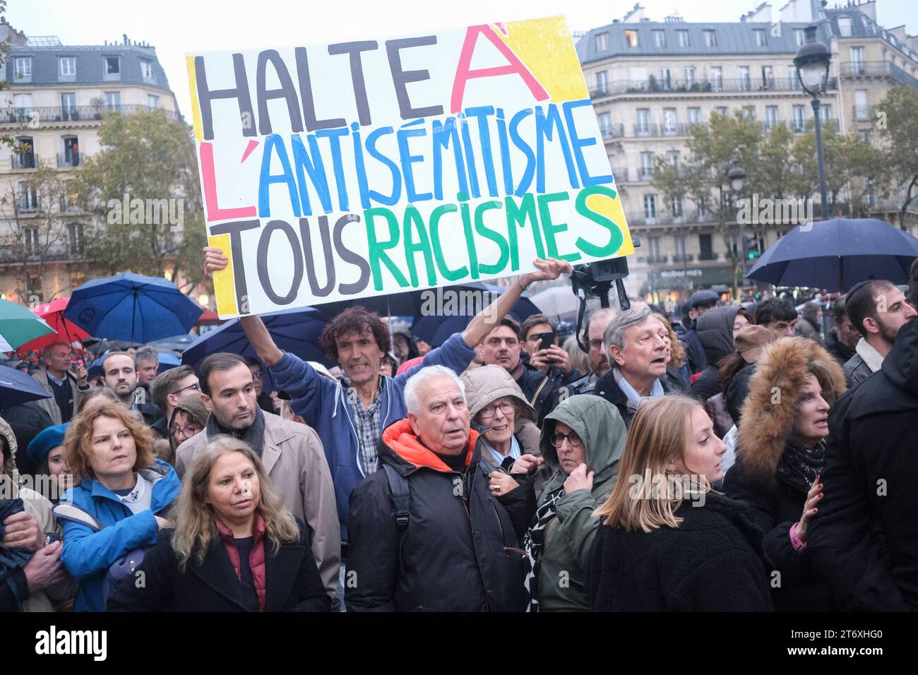 Placard stop anti-Semitism all racism during the civic march against anti-Semitism. Paris, November 12, 2023. Photos by Jeremy Paoloni/ABACAPRESS.COM Stock Photo