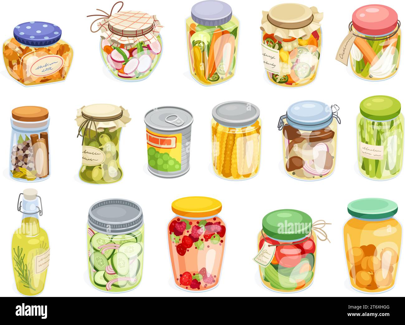 Pickled food jars. Cartoon preserved products in can jar bottle