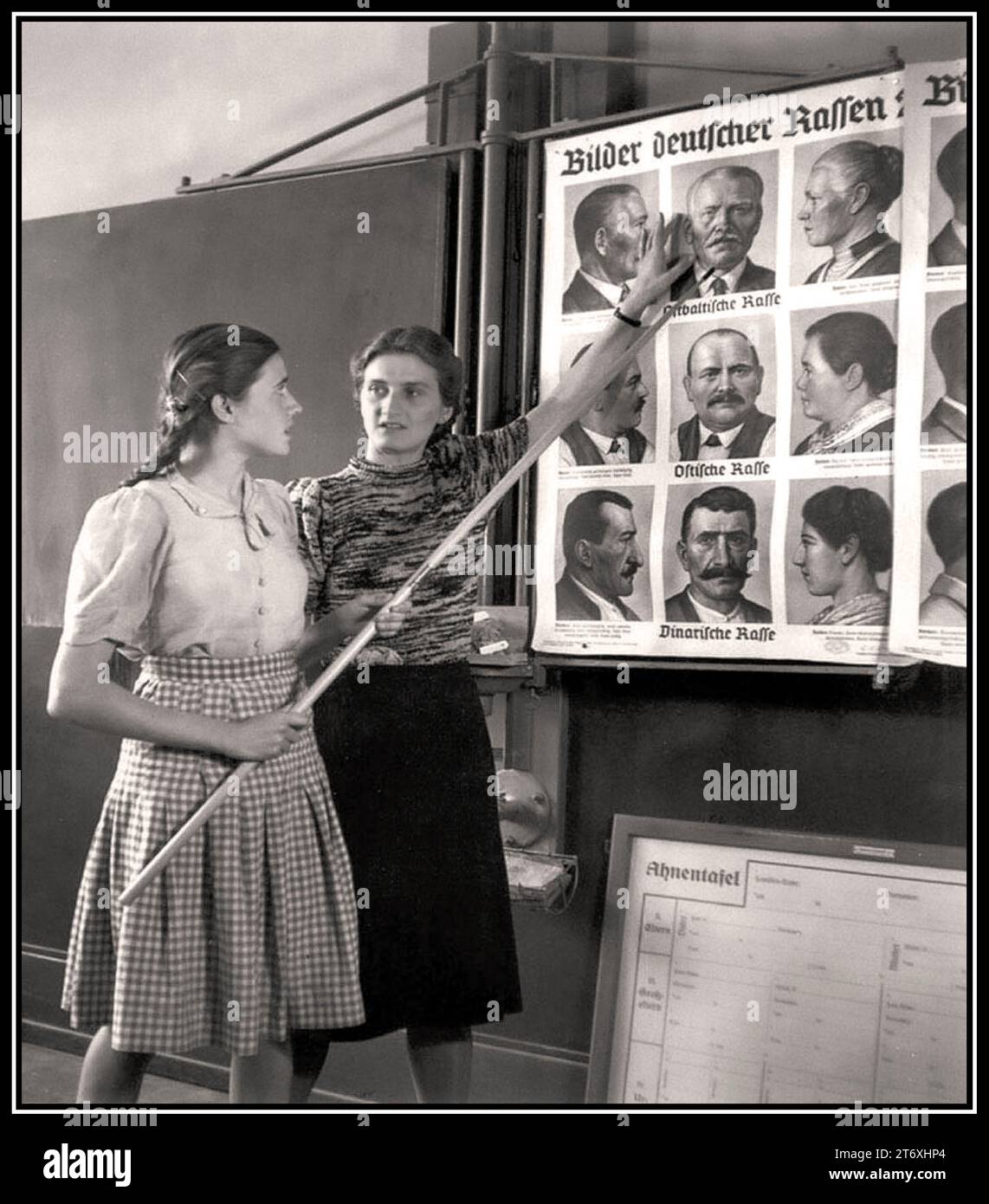 Nazi racial propaganda profiling lessons, with the teacher pointing to a variety of German portraits, titled 'Pictures of German Breeds' 1930s Nazi Germany Racial Racist Nazi race profiling education ideology extremism radicalisation Stock Photo